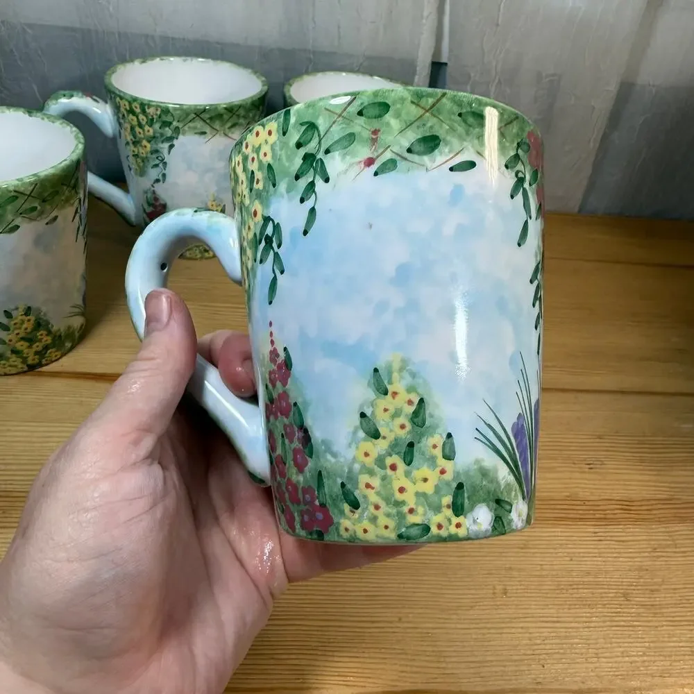 Fitz Floyd Balloons Floral Mug Set 4 Hand Painted Garden Coffee Cups